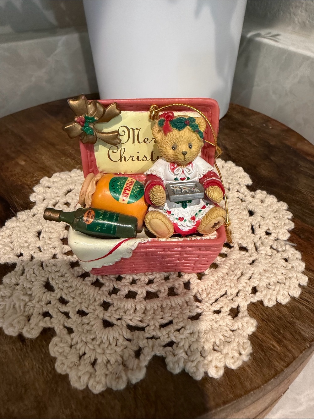 1998 Enesco Cherished Teddies ornament titled "Merry Christmas Basket"